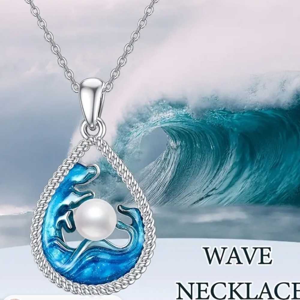 OCEAN WAVE pendant & Necklace silvertone with raised faux pearl NWT
